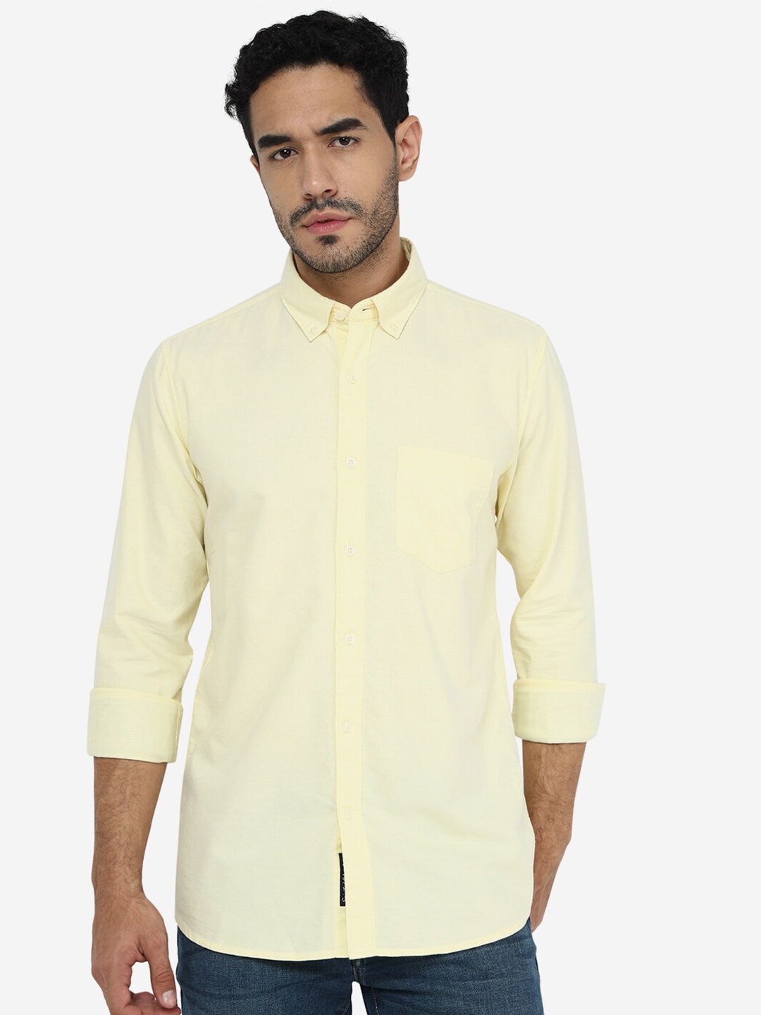 

JADE BLUE Slim Fit Button Down Cotton Casual Shirt, Yellow