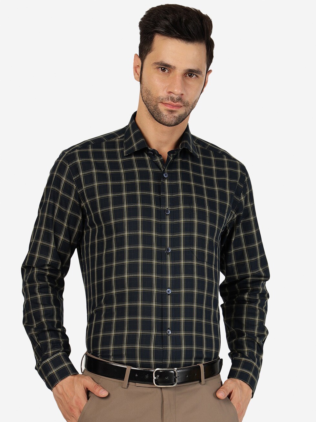 

JADE BLUE Windowpane Checked Cotton Formal Shirt, Navy blue