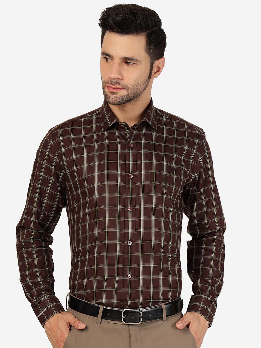 

JADE BLUE Checked Spread Collar Cotton Knitted Formal Shirt, Maroon