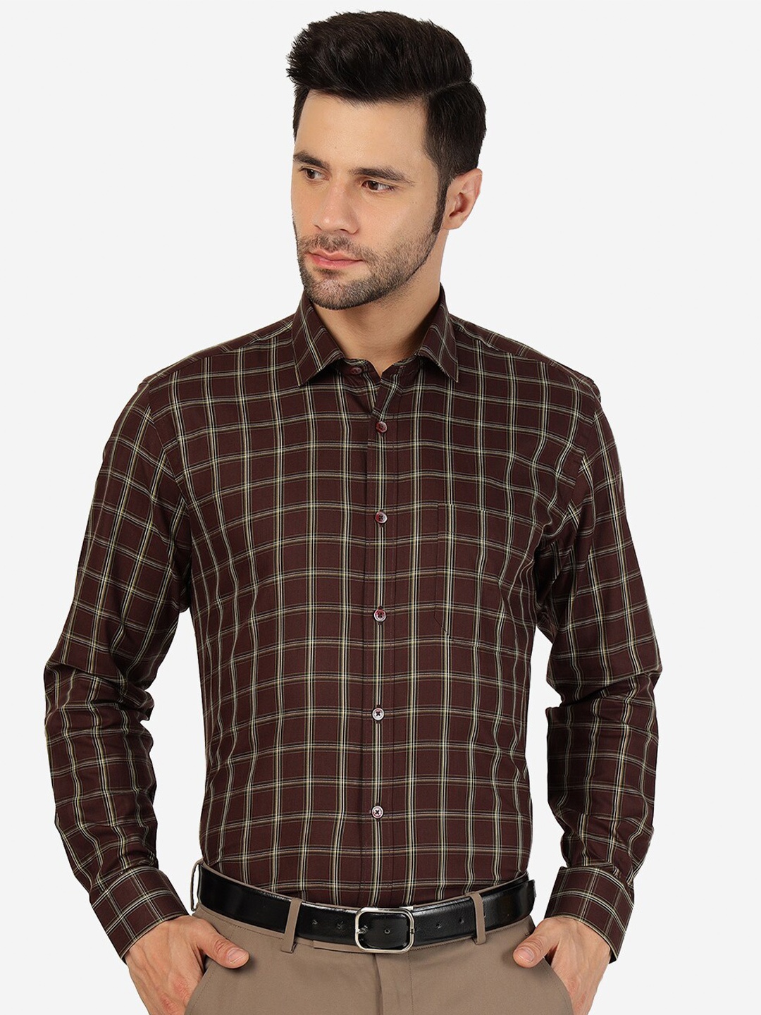 

JADE BLUE Checked Spread Collar Cotton Knitted Formal Shirt, Maroon