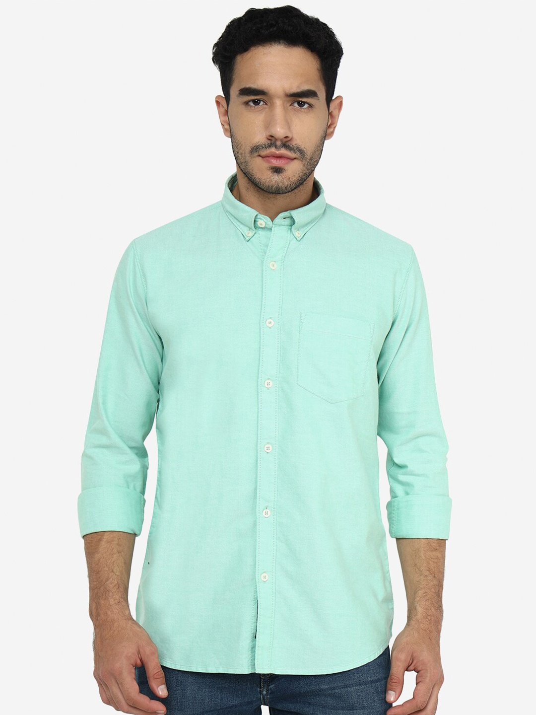 

JADE BLUE Slim Fit Button Down Collar Cotton Casual Shirt, Green