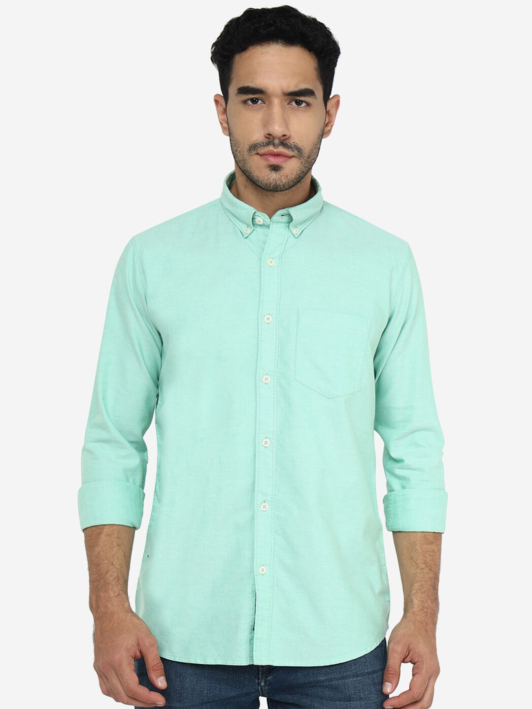 

JADE BLUE Slim Fit Button Down Collar Cotton Knitted Casual Shirt, Green