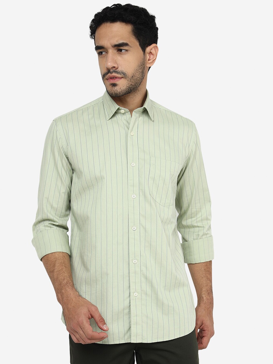 

JADE BLUE Vertical Striped Slim Fit Cotton Shirt, Green