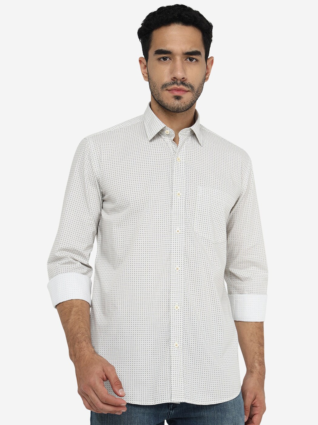 

JADE BLUE Micro Ditsy Printed Slim Fit Cotton Shirt, Beige