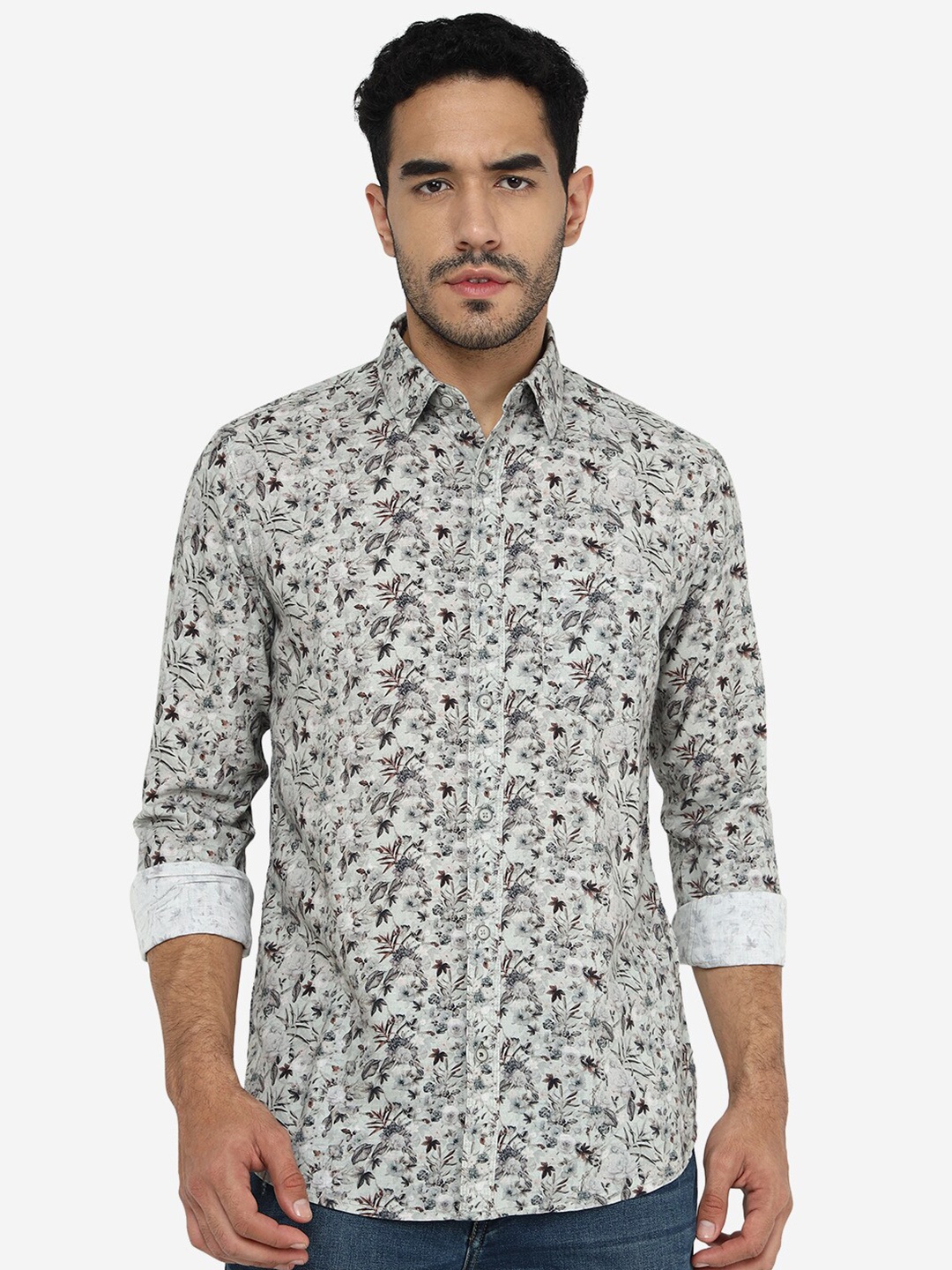 

JADE BLUE Slim Fit Floral Printed Spread Collar Cotton Knitted Casual Shirt, Grey
