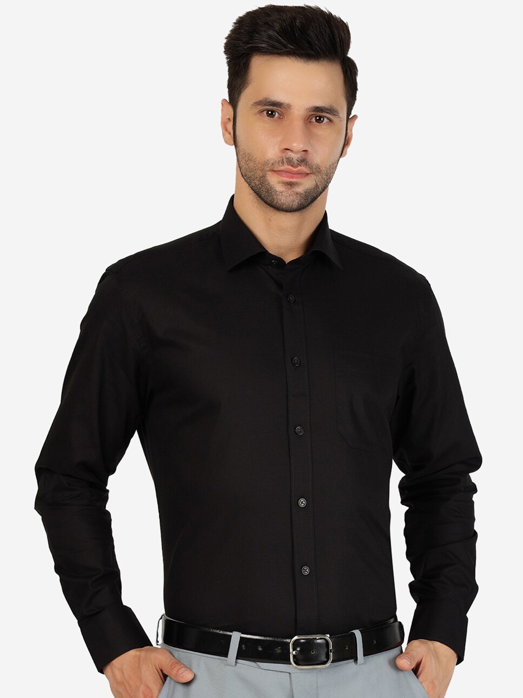 

JADE BLUE Spread Collar Cotton Formal Shirt, Black