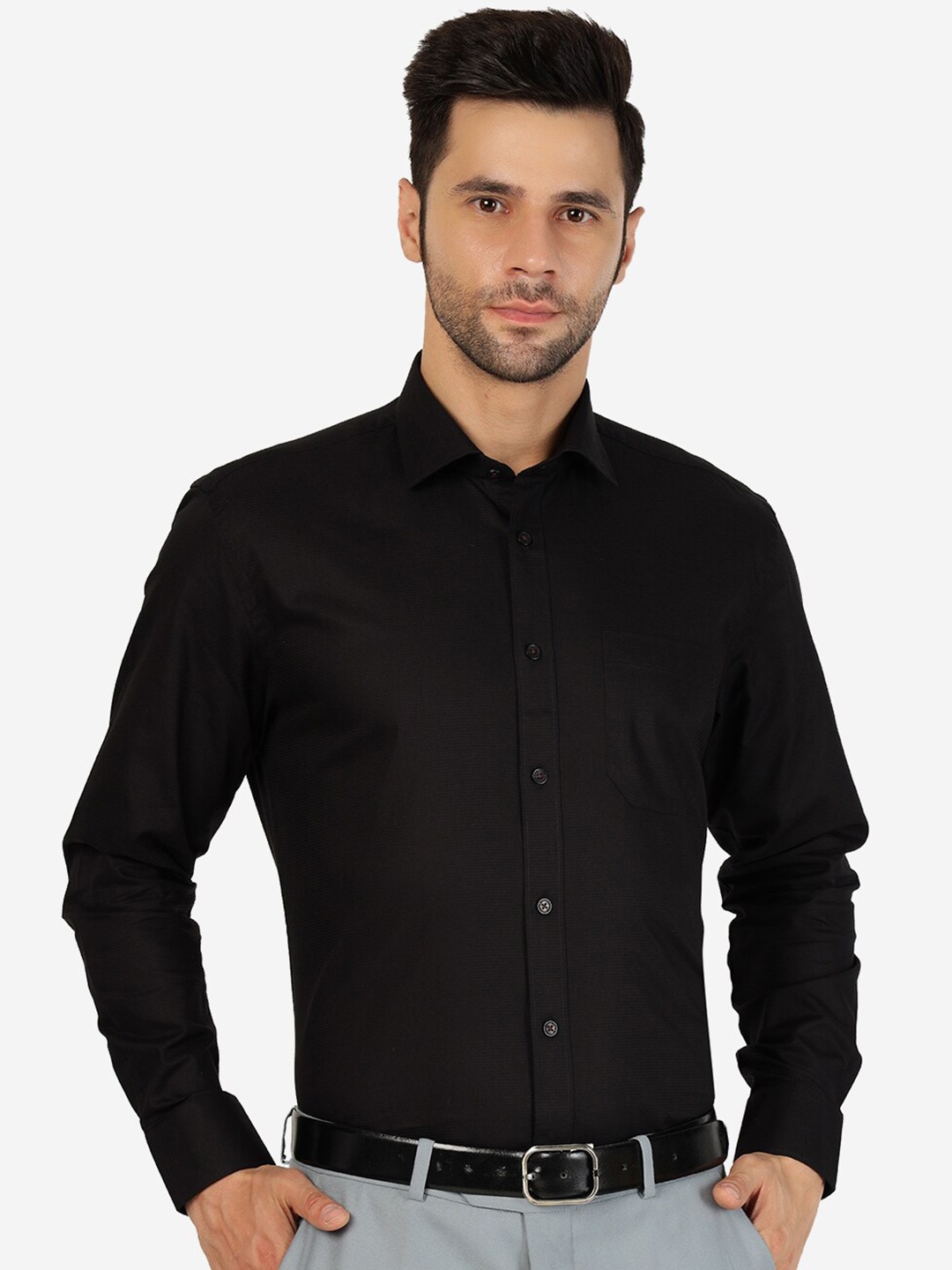 

JADE BLUE Spread Collar Cotton Formal Shirt, Black