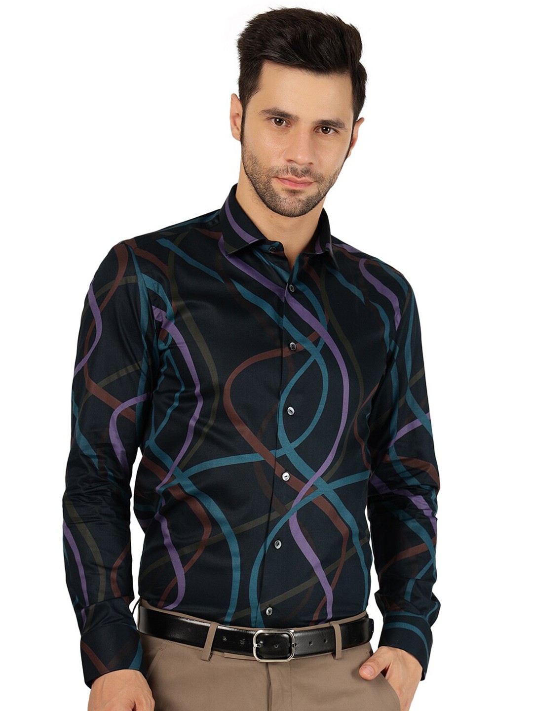 

JB STUDIO Abstract Printed Slim Fit Pure Cotton Formal Shirt, Navy blue