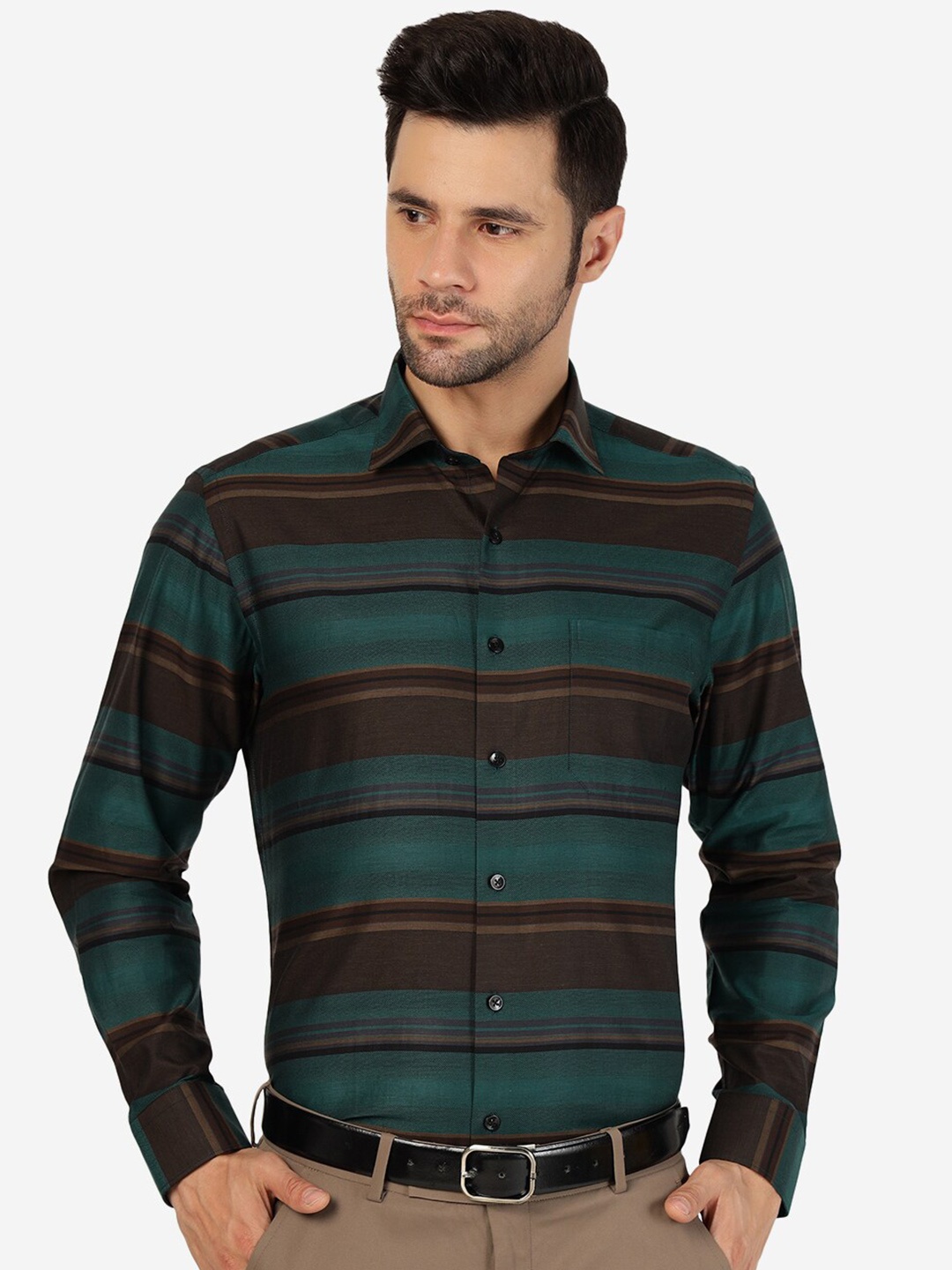 

METAL Slim Fit Multi Stripes Cotton Formal Shirt, Green