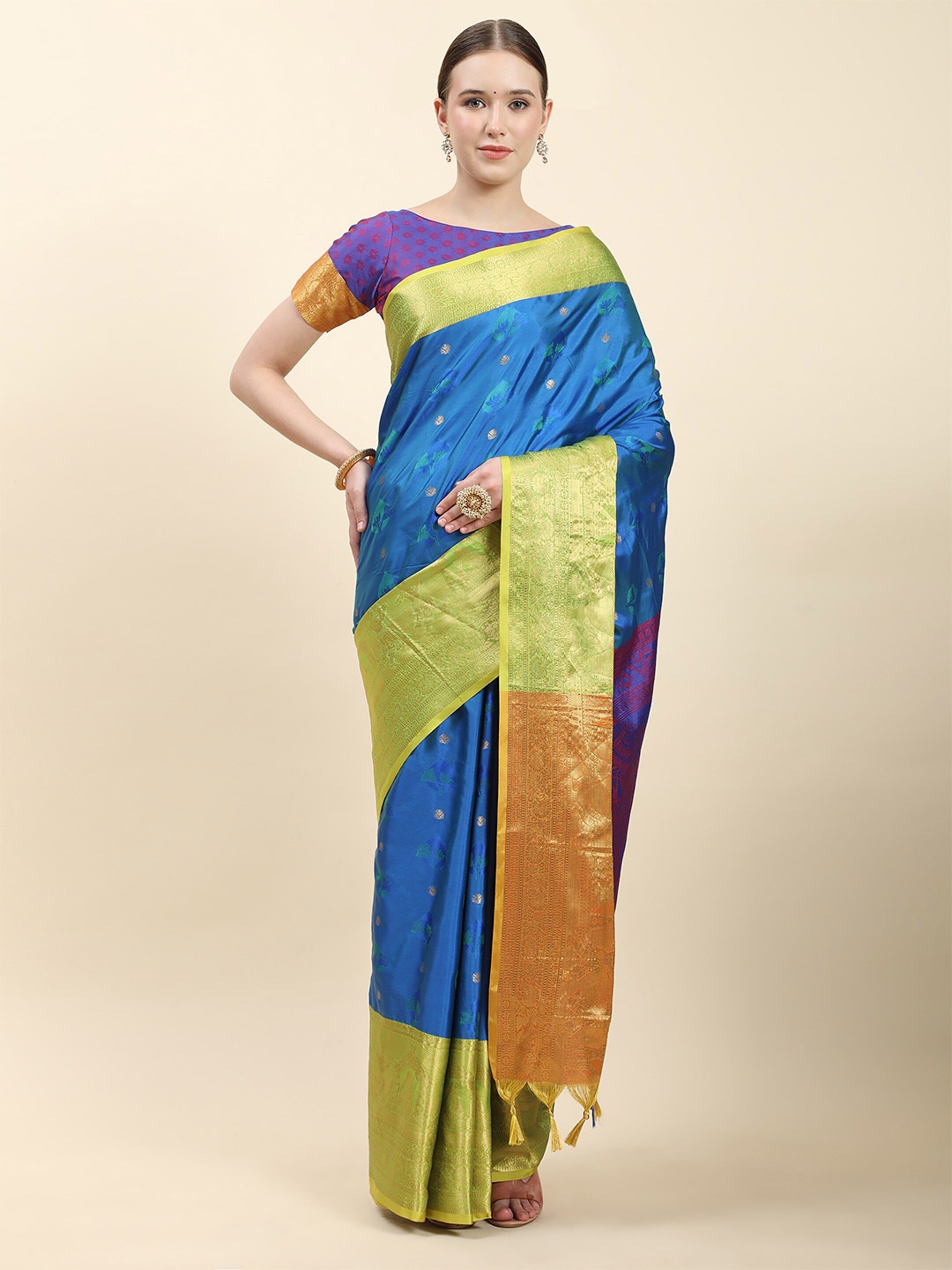 

Ekta Textiles Floral Woven Design Zari Pure Silk Kanjeevaram Saree, Blue