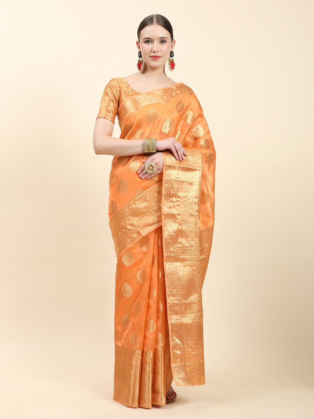 

Ekta Textiles Floral Woven Design Zari Organza Banarasi Saree, Orange
