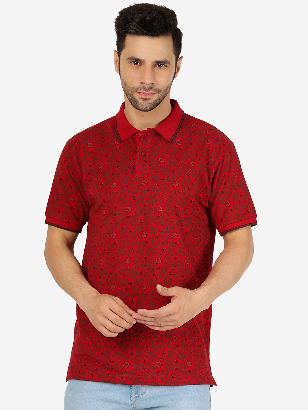 

Greenfibre Floral Printed Polo Collar Cotton Slim Fit T-shirt, Red