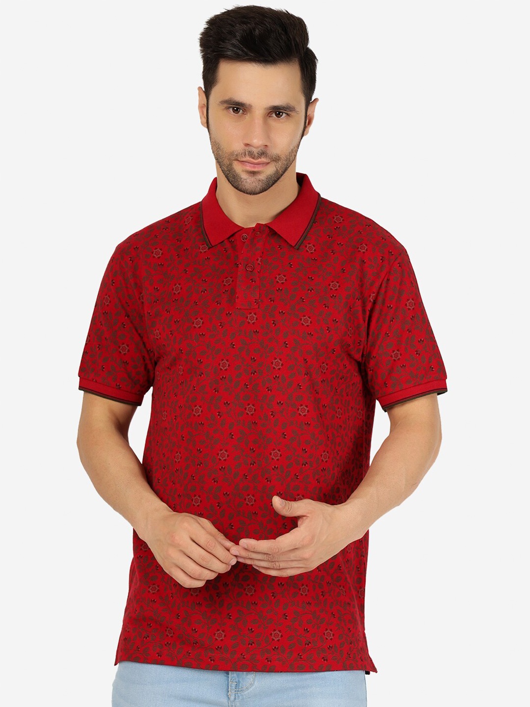 

Greenfibre Floral Printed Polo Collar Cotton Slim Fit T-shirt, Red