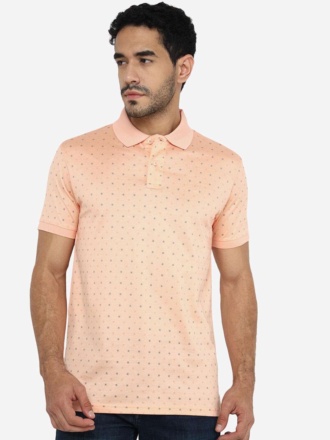 

JADE BLUE Micro or Ditsy Printed Polo Collar Slim Fit Cotton T-shirt, Peach