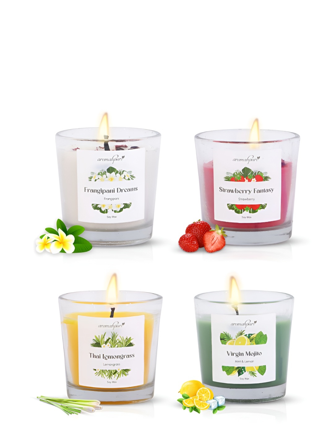 

Aromahpure White & Red 4 Pieces Strawberry Fantasy & Frangipani Dreams Candles
