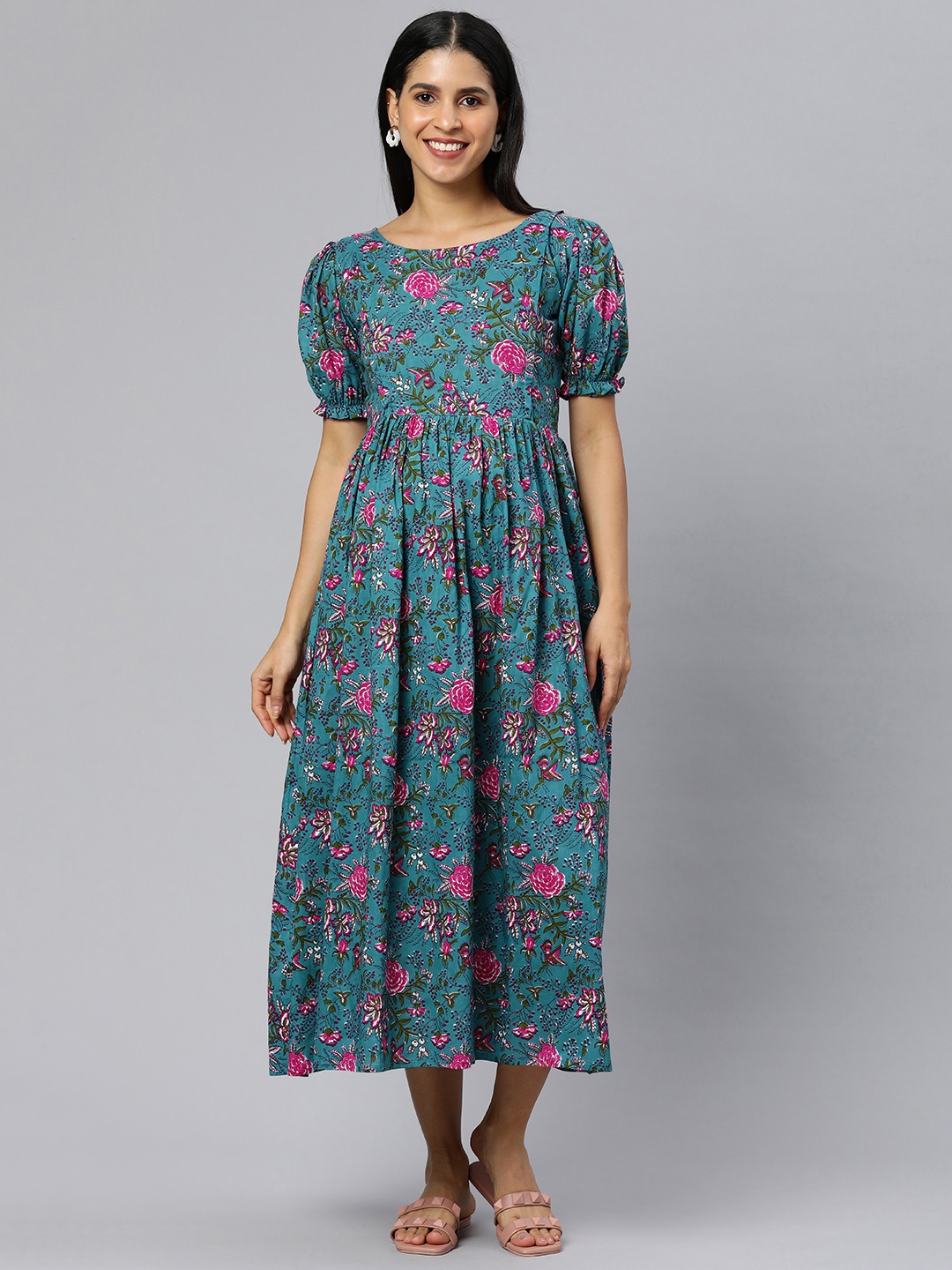 

Swishchick Floral Print Puff Sleeve Maternity A-Line Midi Dress, Blue