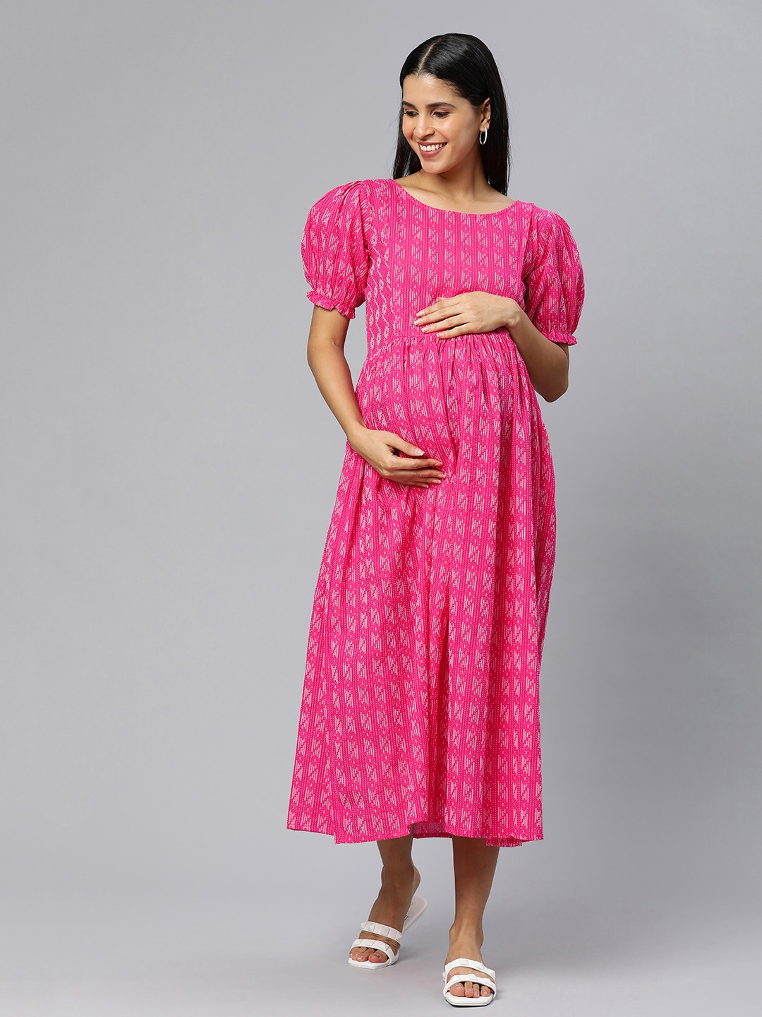 

Swishchick Abstract Print Puff Sleeve Maternity A-Line Midi Dress, Pink