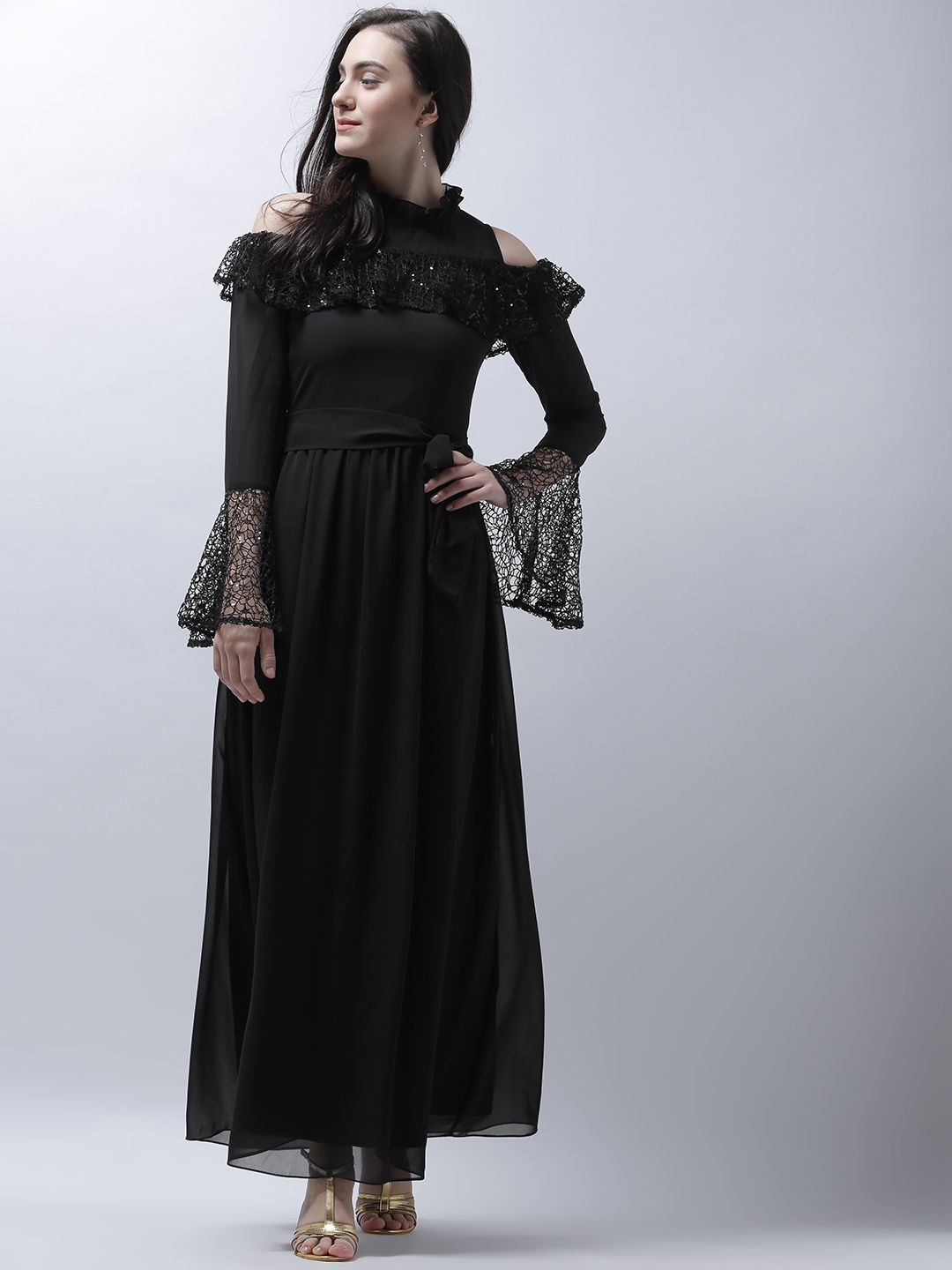

Athena Women Black Self Design Fit and Flare Dress