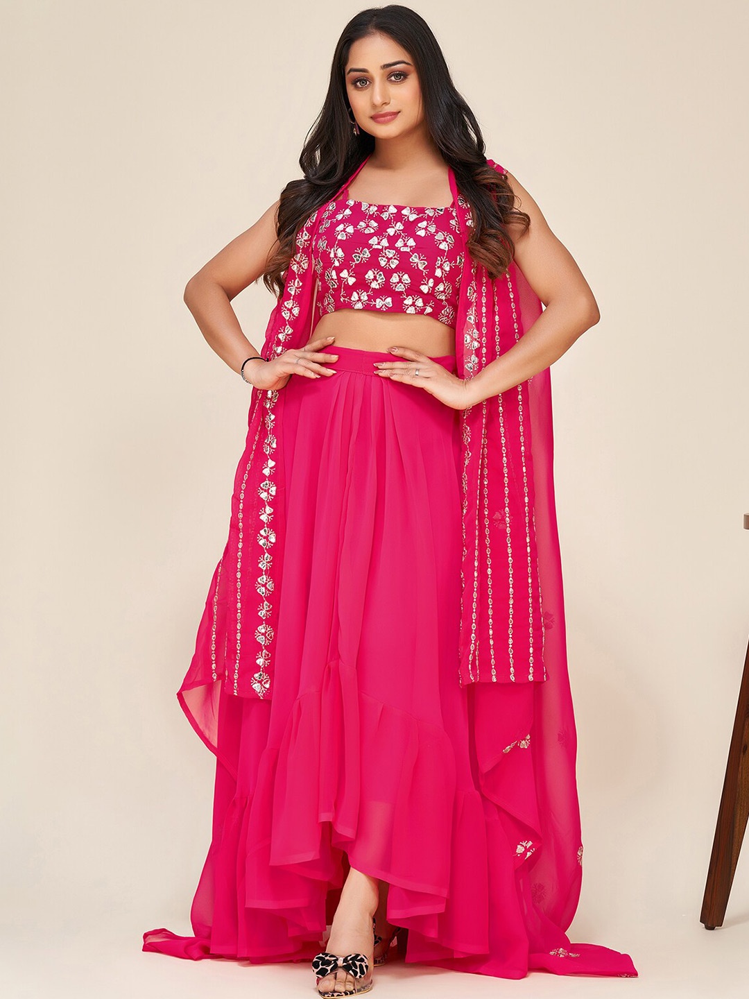 

ODETTE Shoulder Straps Embellished Ready to Wear Lehenga, Pink