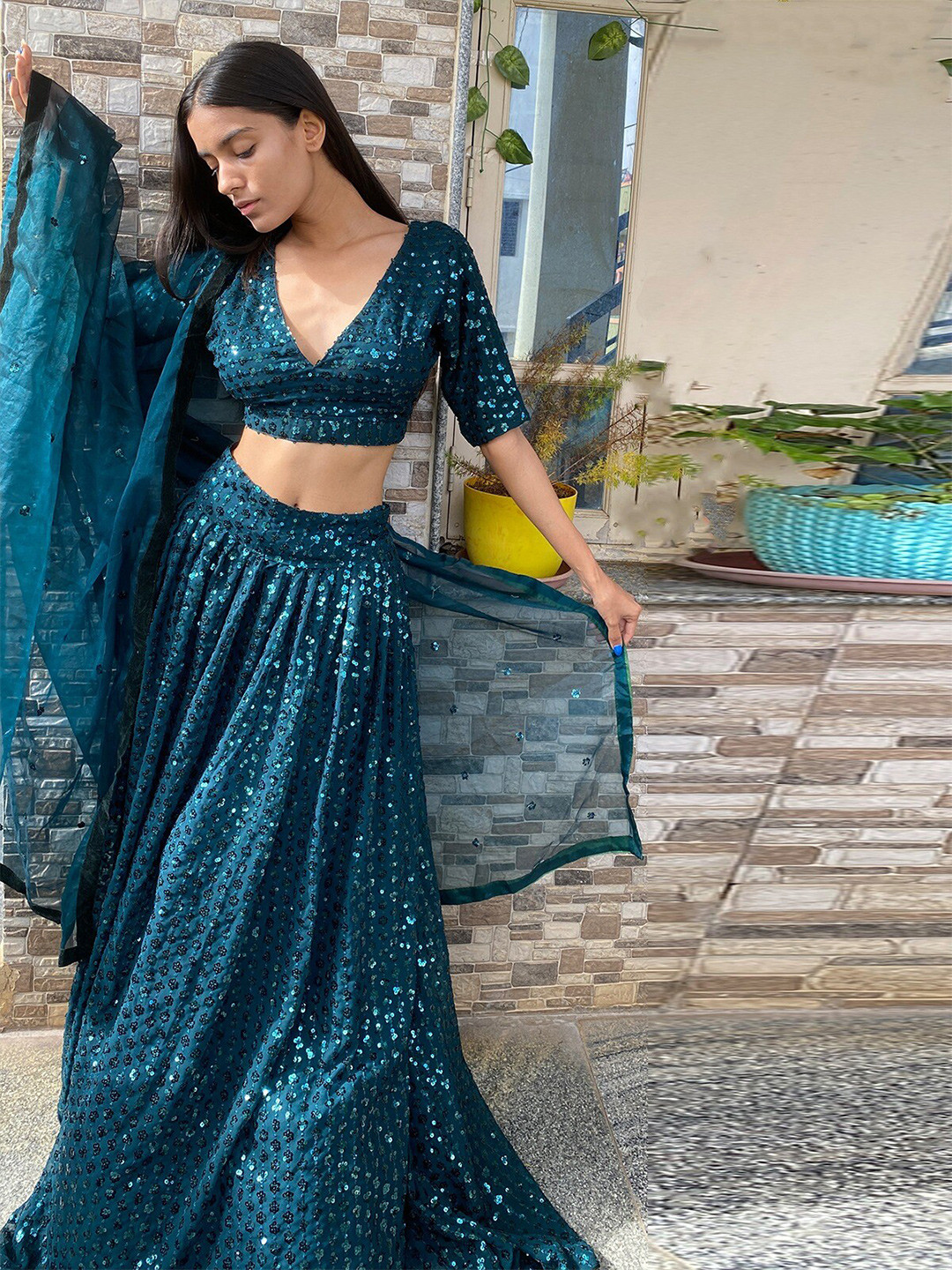 

ODETTE Embellished Sequined Semi-Stitched Lehenga & Unstitched Blouse With Dupatta, Green