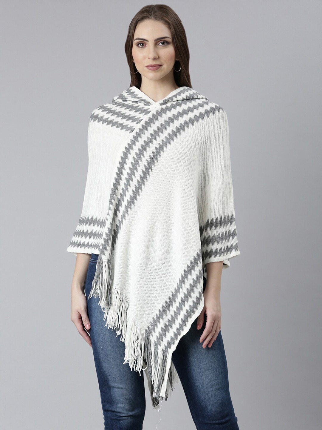

SHOWOFF Self Design Longline Acrylic Poncho With Fringed Detail, White