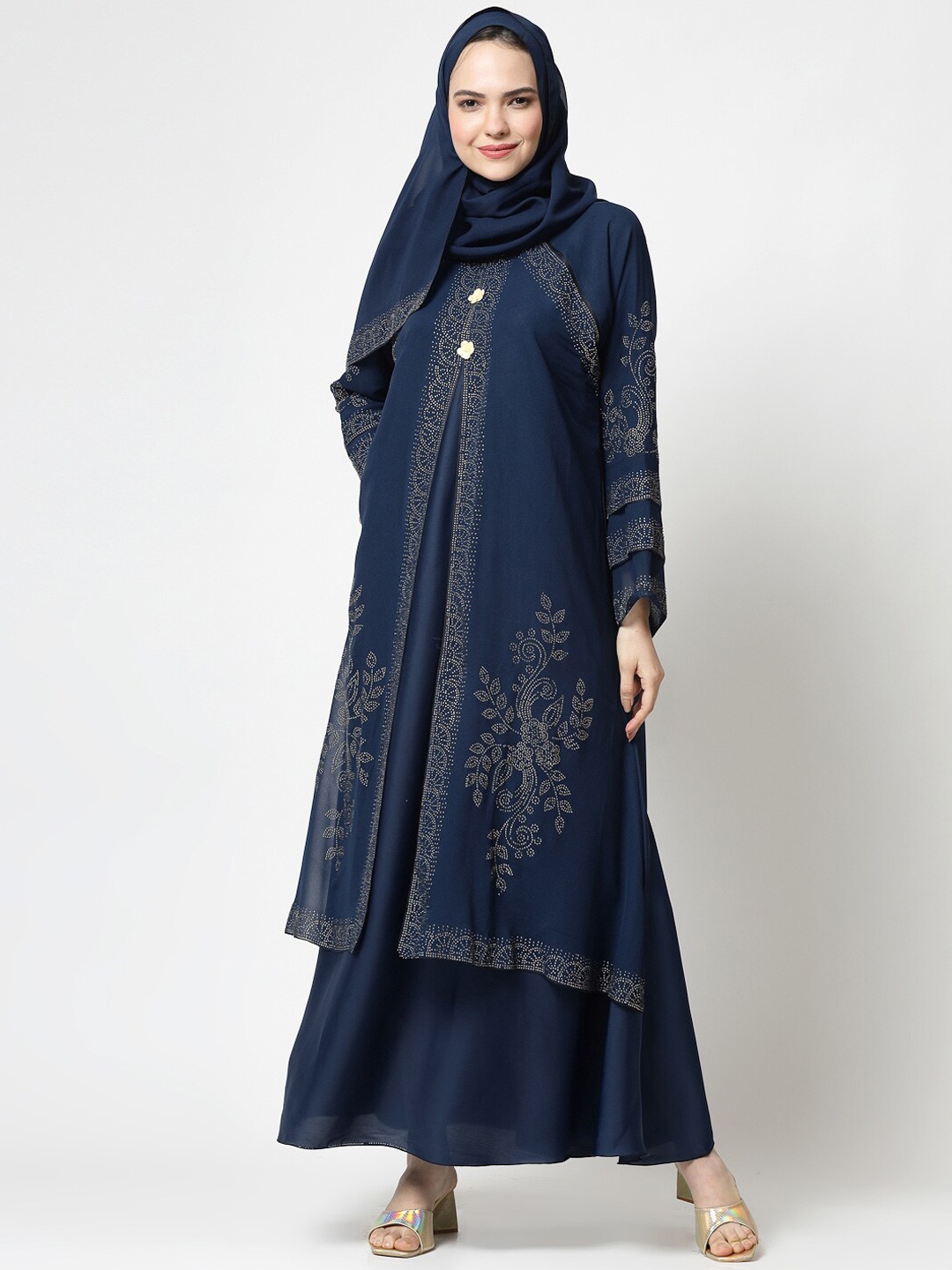 

KLOTTHE Round Neck Embellished Burqa With Scarve, Blue