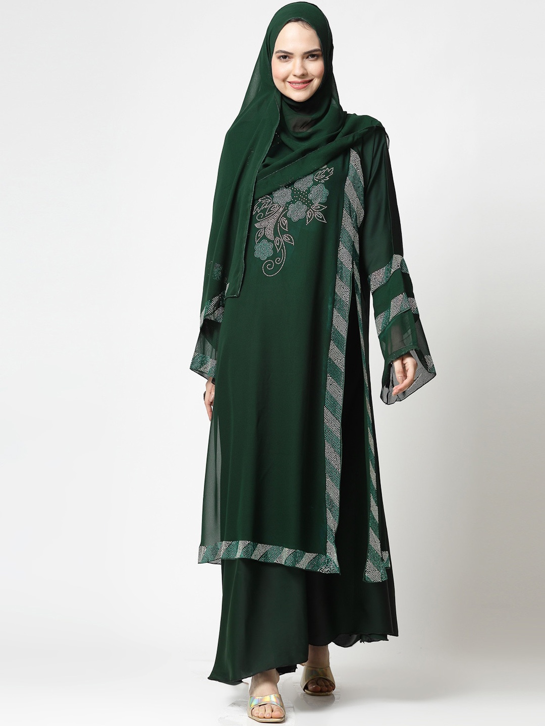 

KLOTTHE Ethnic Motifs Embellished Long Sleeve Burqa With Scarves, Green