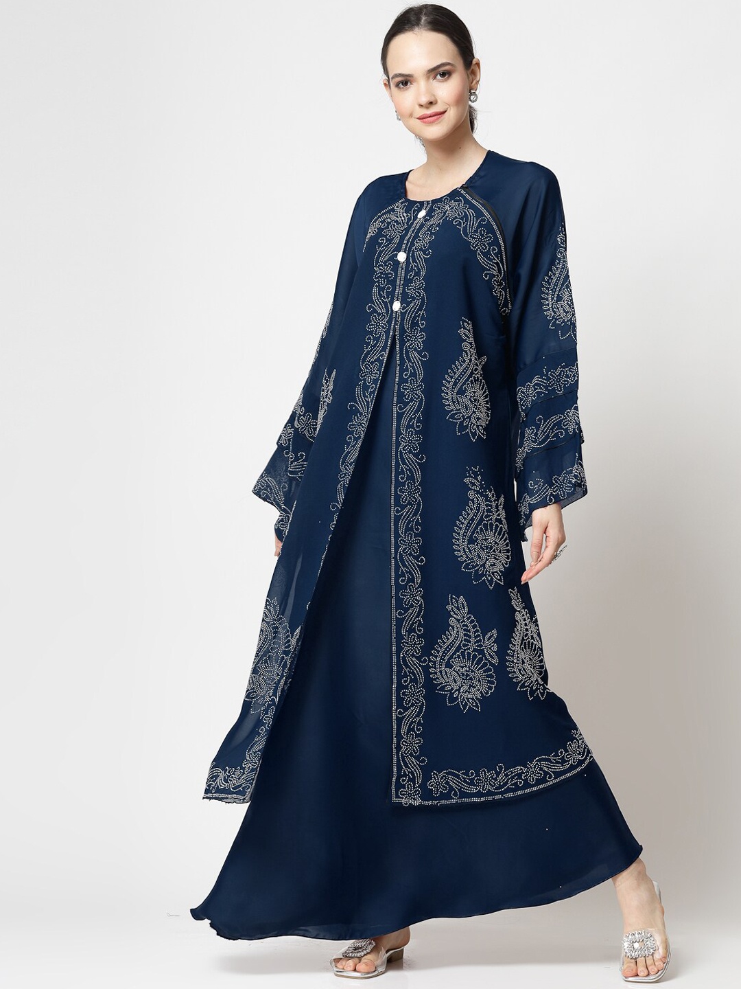 

KLOTTHE Embellished Burqa With Scarves, Blue