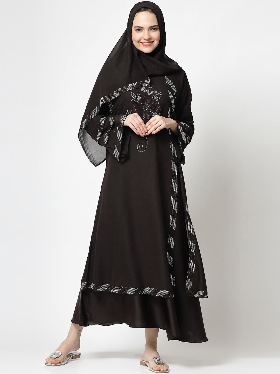 

KLOTTHE Embellished Burqa With Scarf, Brown