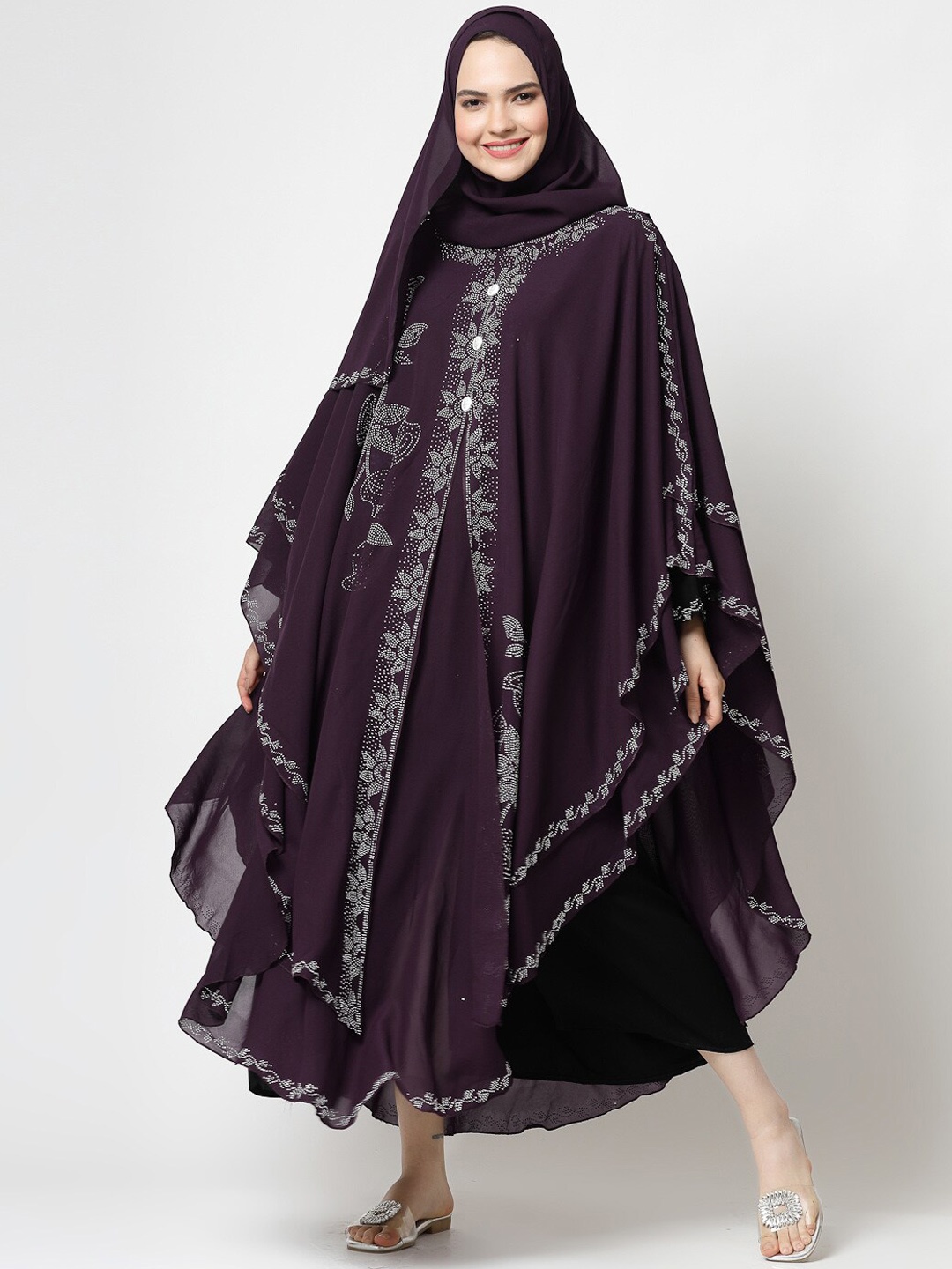 

KLOTTHE Round Neck Embellished Burqa with Scarves, Purple