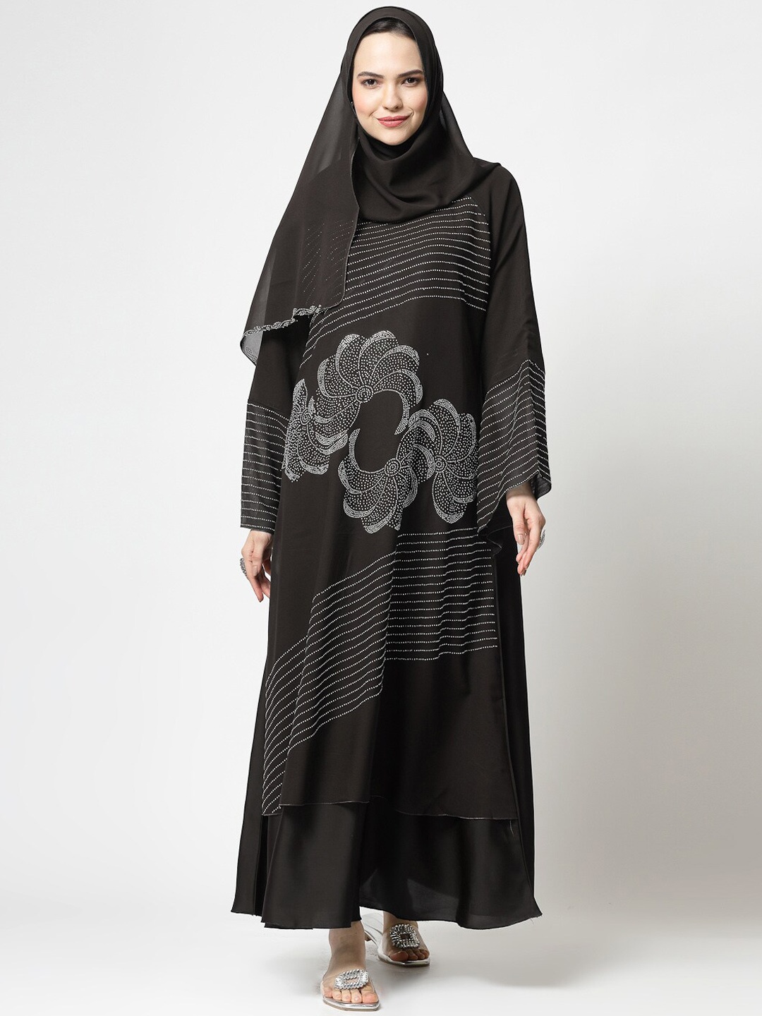 

KLOTTHE Round Neck Embellished Burqa with Scarves, Brown