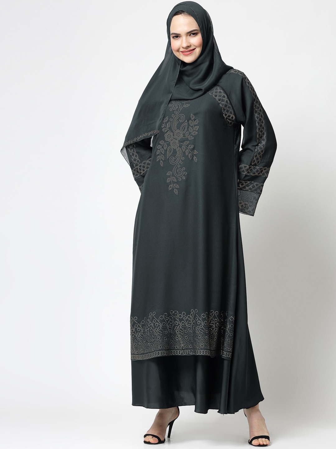 

KLOTTHE Embellished Burqa With Scarves, Grey