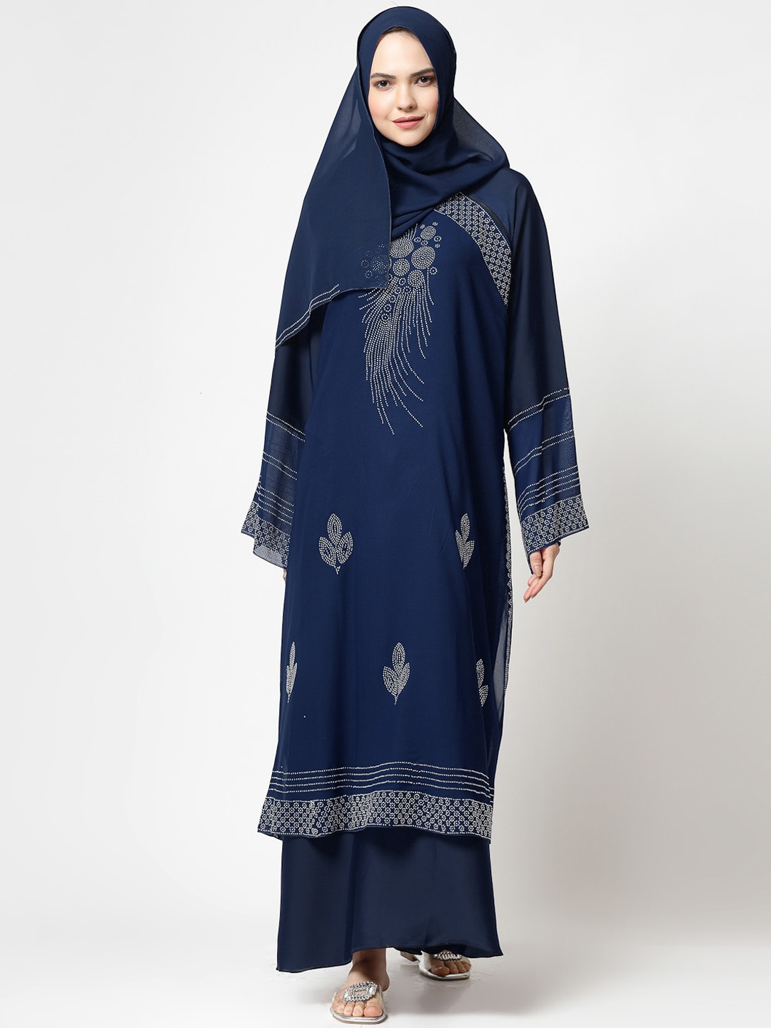 

KLOTTHE Ethnic Motifs Embellished Long Sleeve Burqa With Scarves, Blue