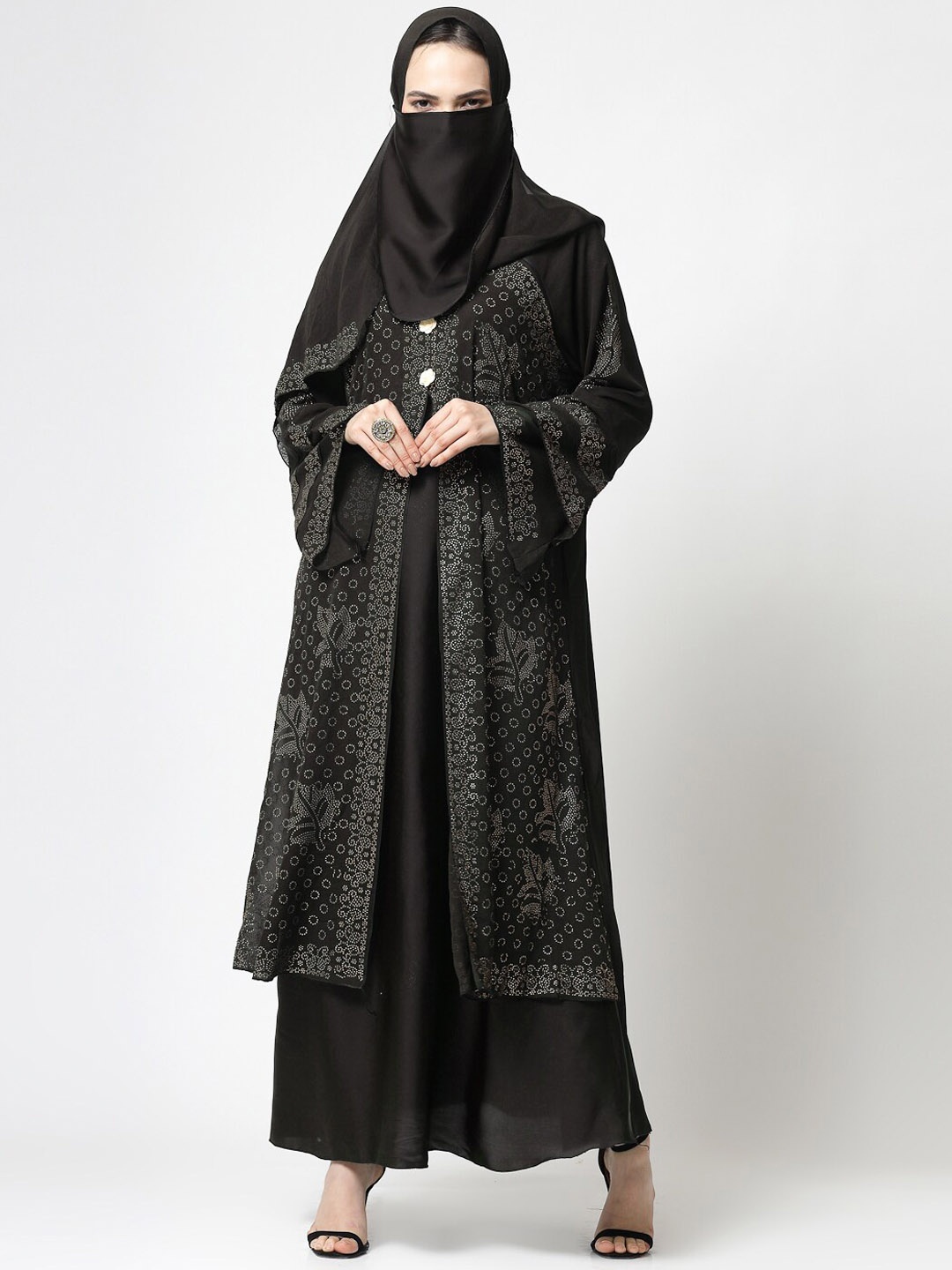 

KLOTTHE Ethnic Motifs Embellished Long Sleeve Burqa With Scarves, Brown