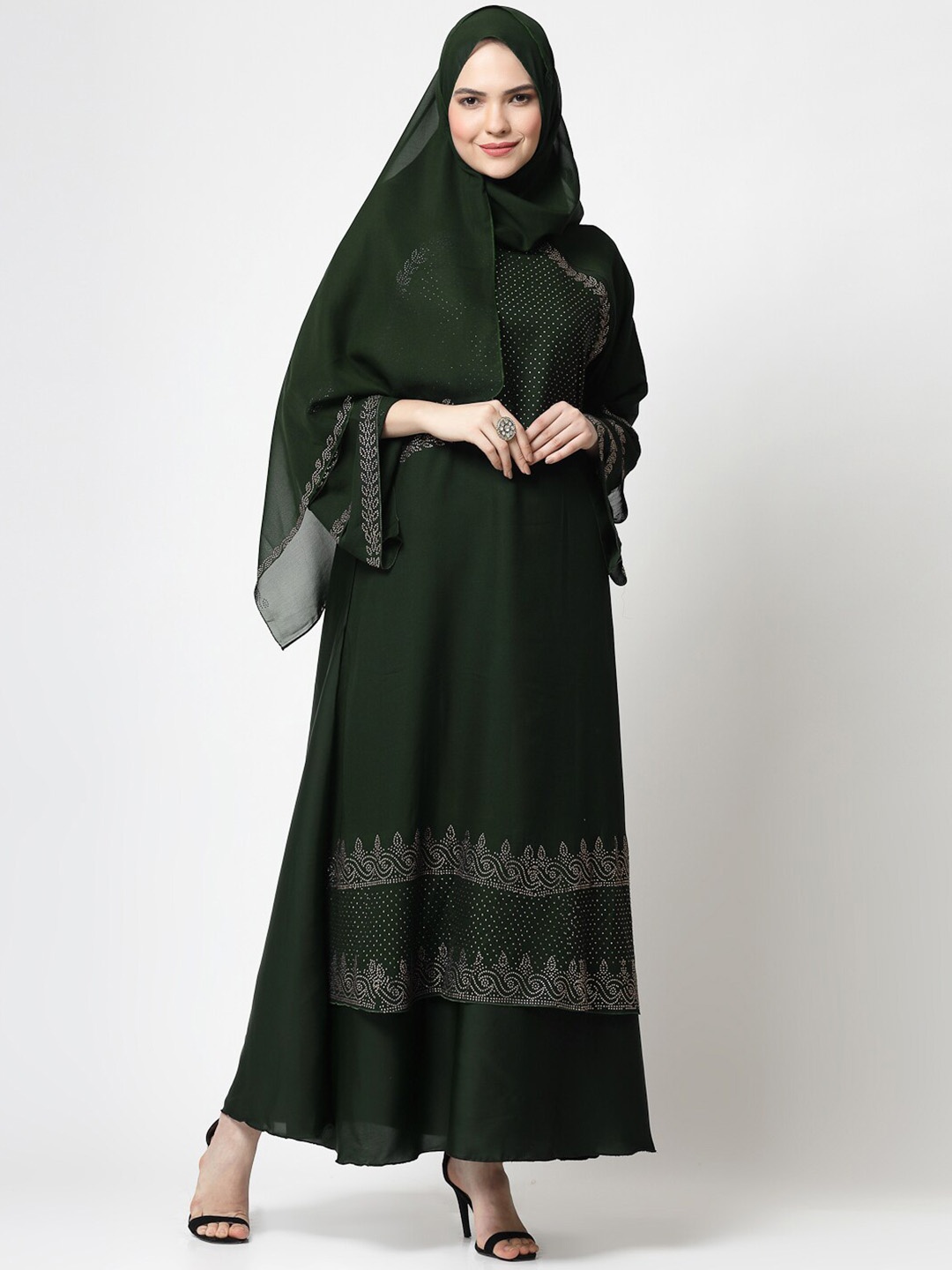 

KLOTTHE Round Neck Embellished Burqa with Scarves, Green