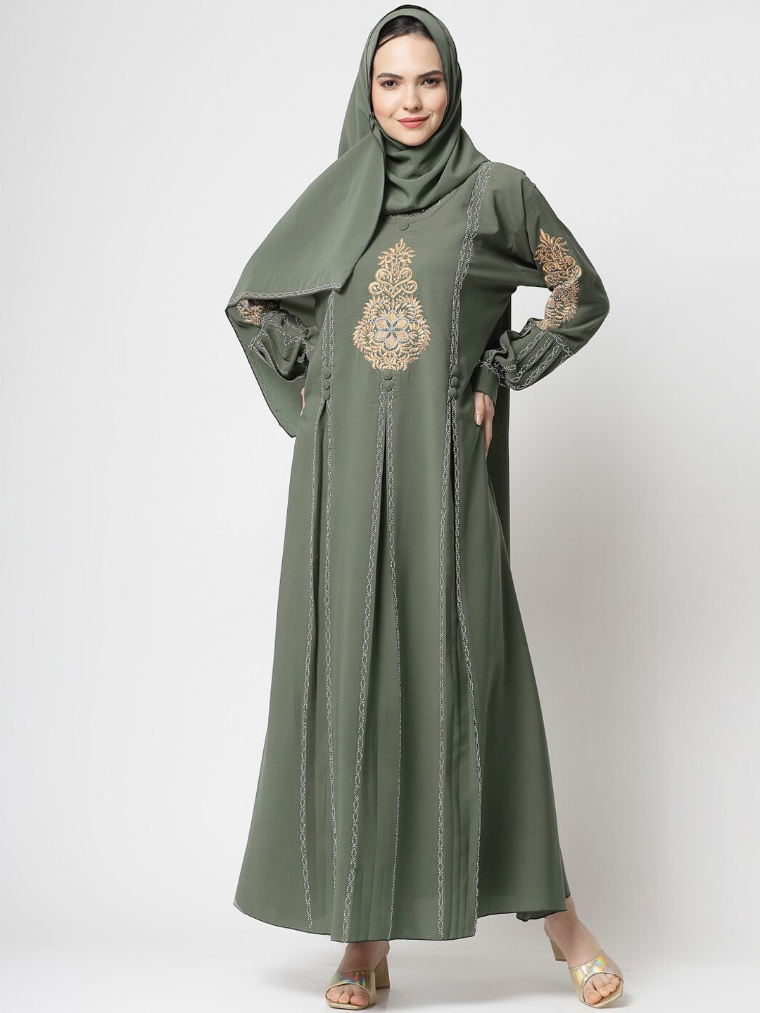 

KLOTTHE Embellished Burqa with Scarves, Olive