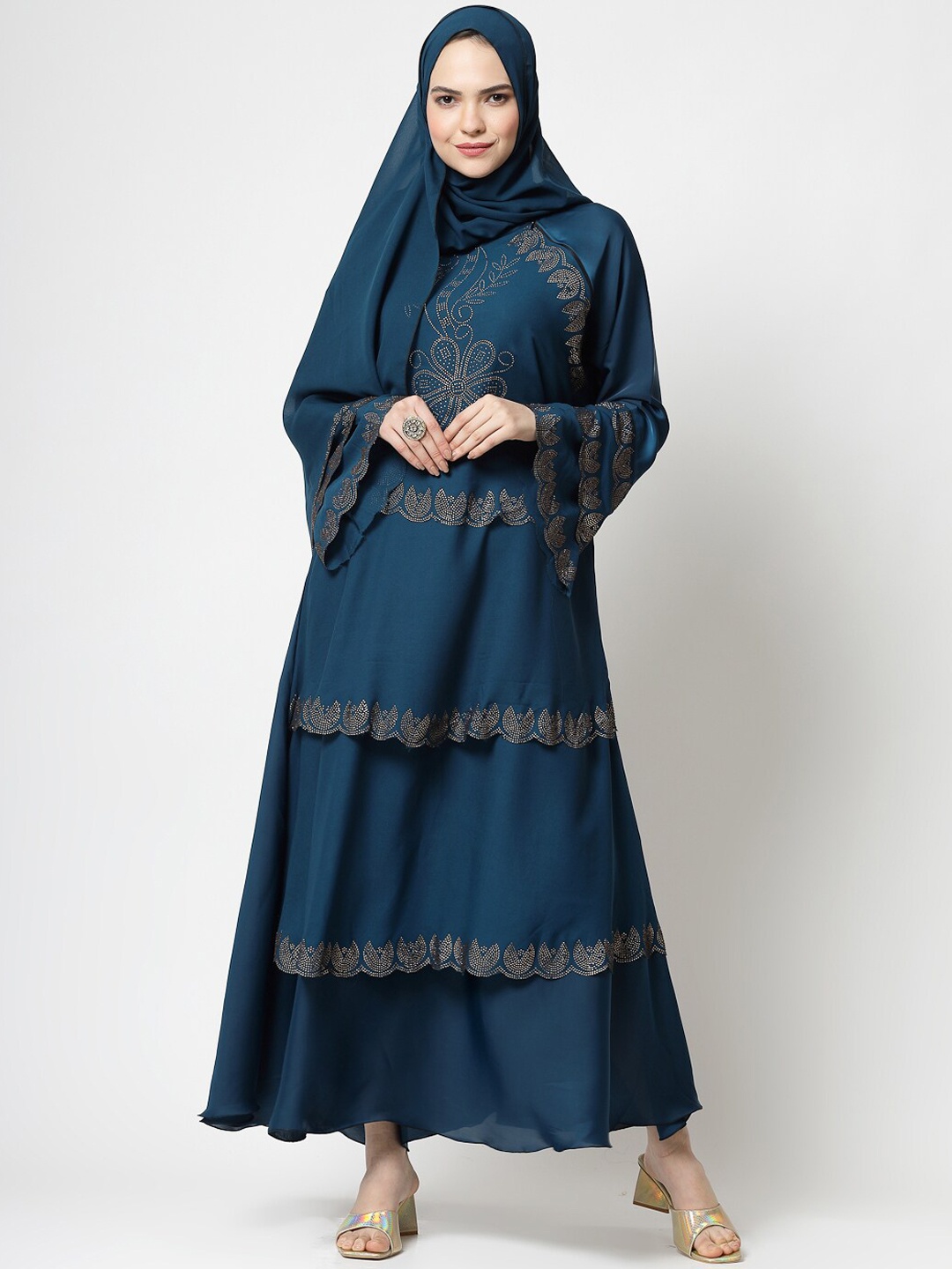 

KLOTTHE Ethnic Motifs Embellished Flared Burqas With Scarves, Turquoise blue
