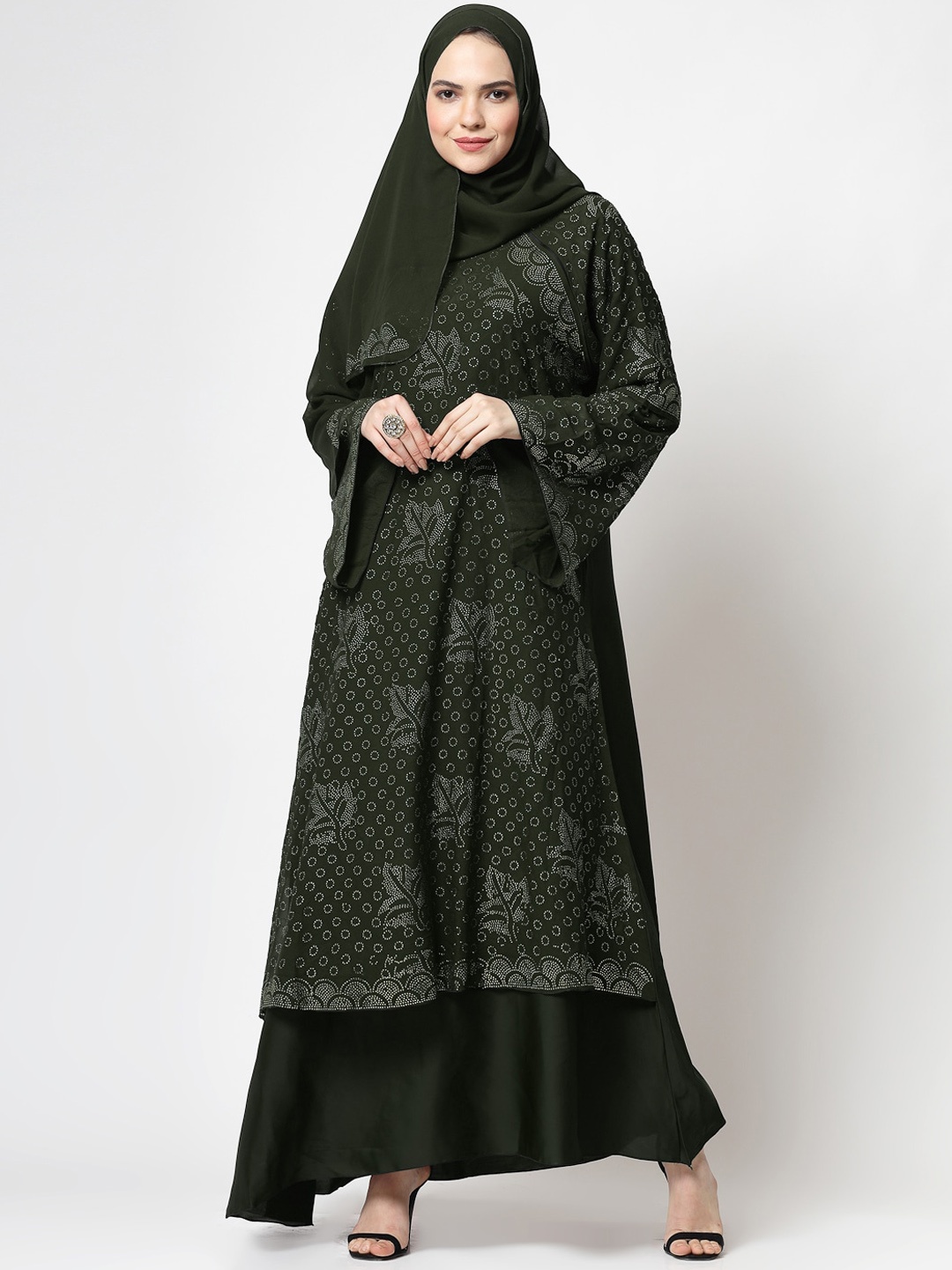 

KLOTTHE Ethnic Motifs Embellished Long Sleeve Burqa With Scarves, Olive