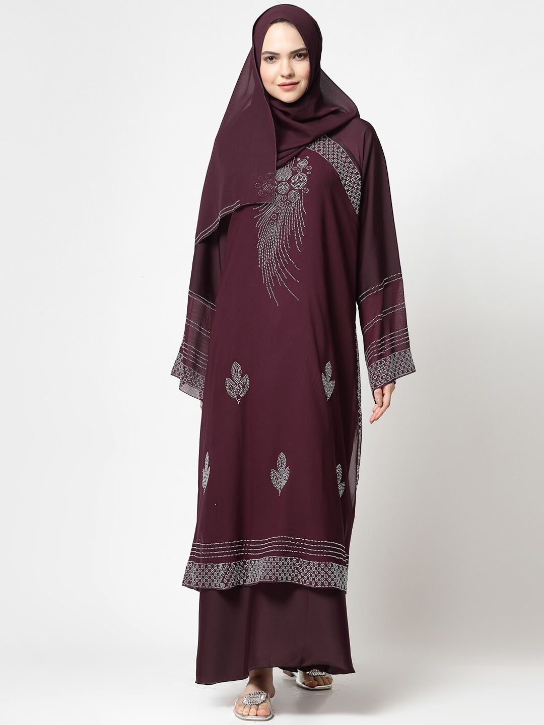 

KLOTTHE Ethnic Motifs Embellished Long Sleeve Detail Burqa With Scarf, Maroon