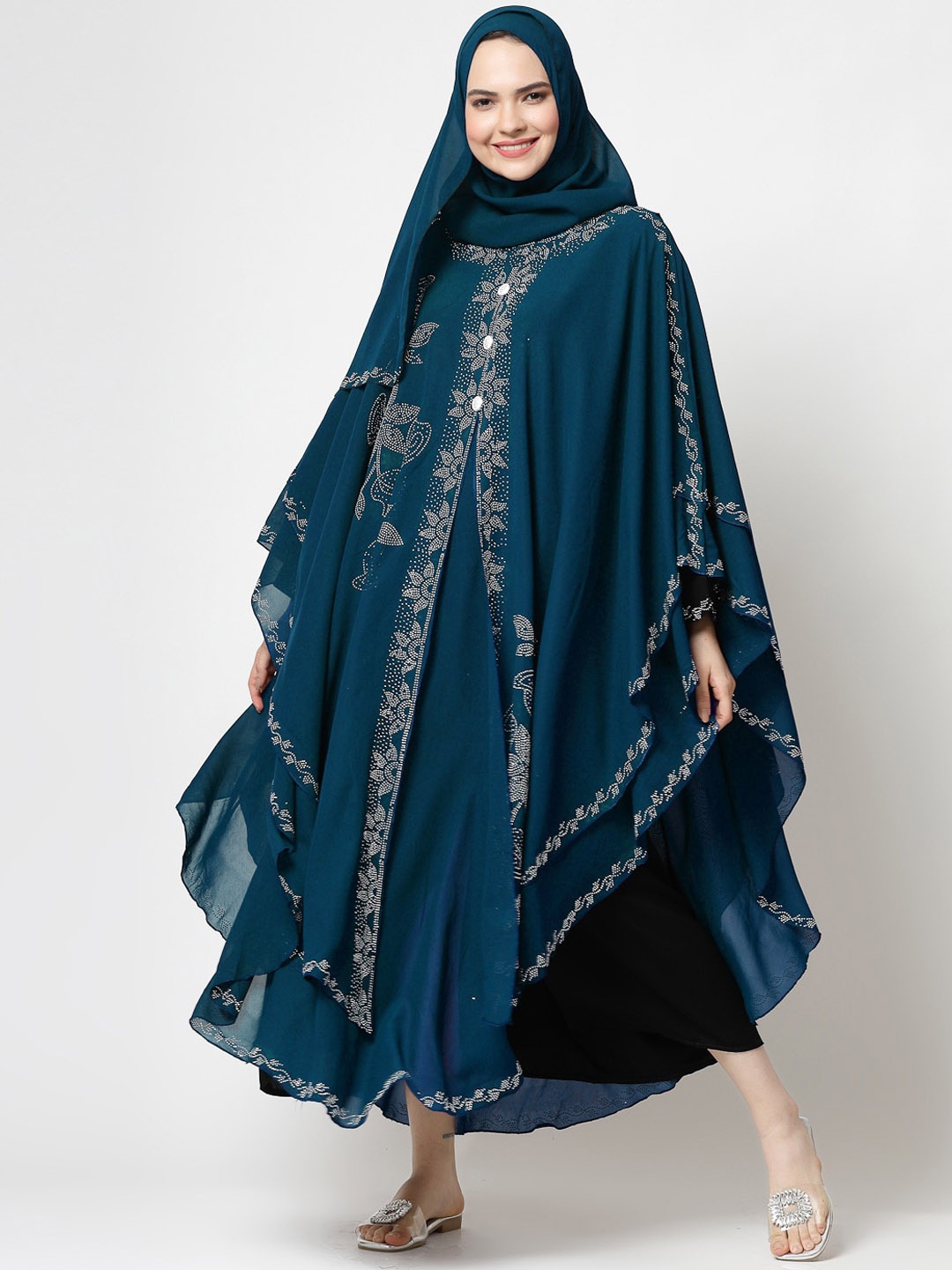 

KLOTTHE Floral Motifs Embellished Long Sleeves Flared Burqas With Scarves, Turquoise blue