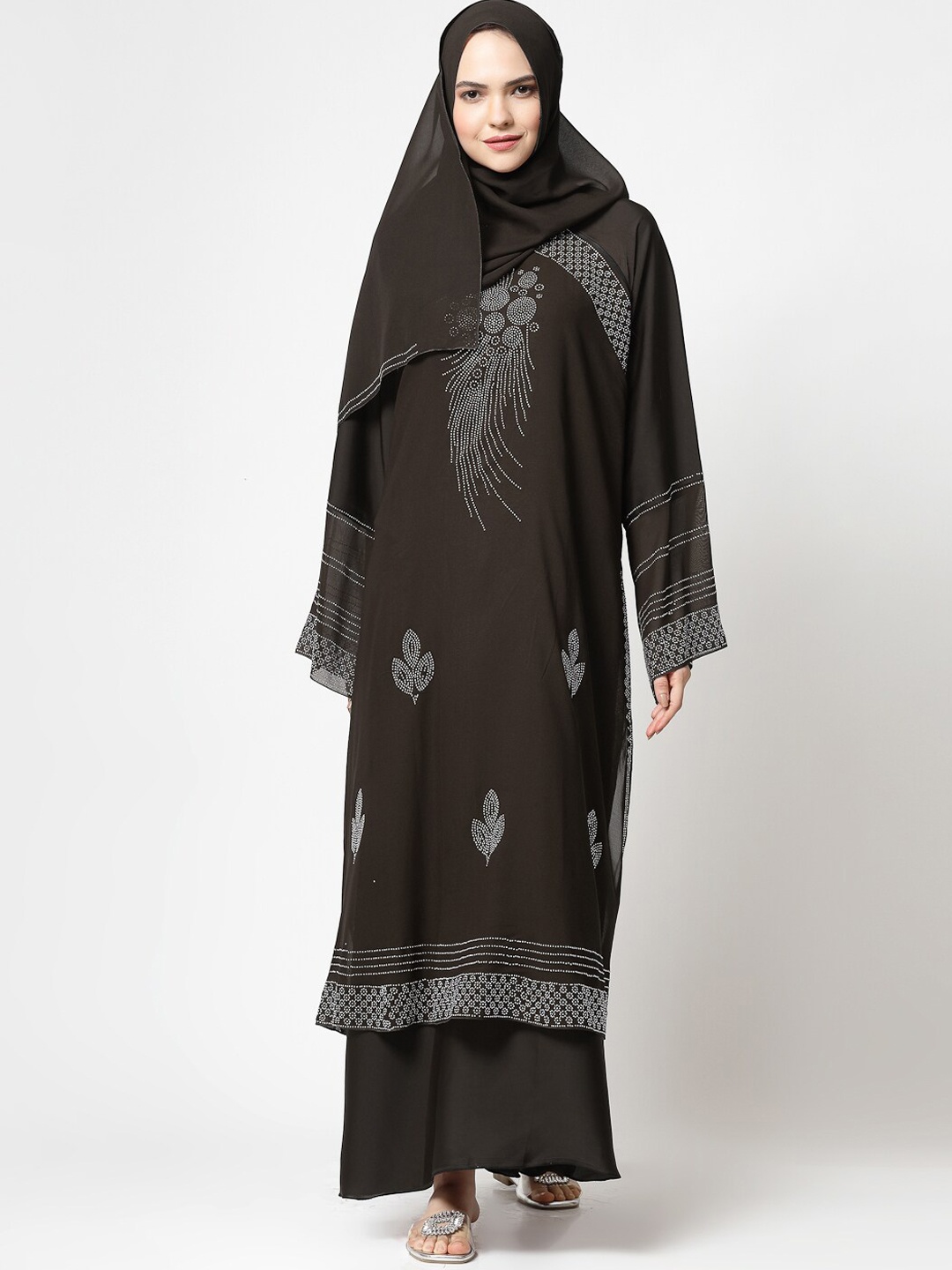 

KLOTTHE Embellished Burqa With Scarf, Brown