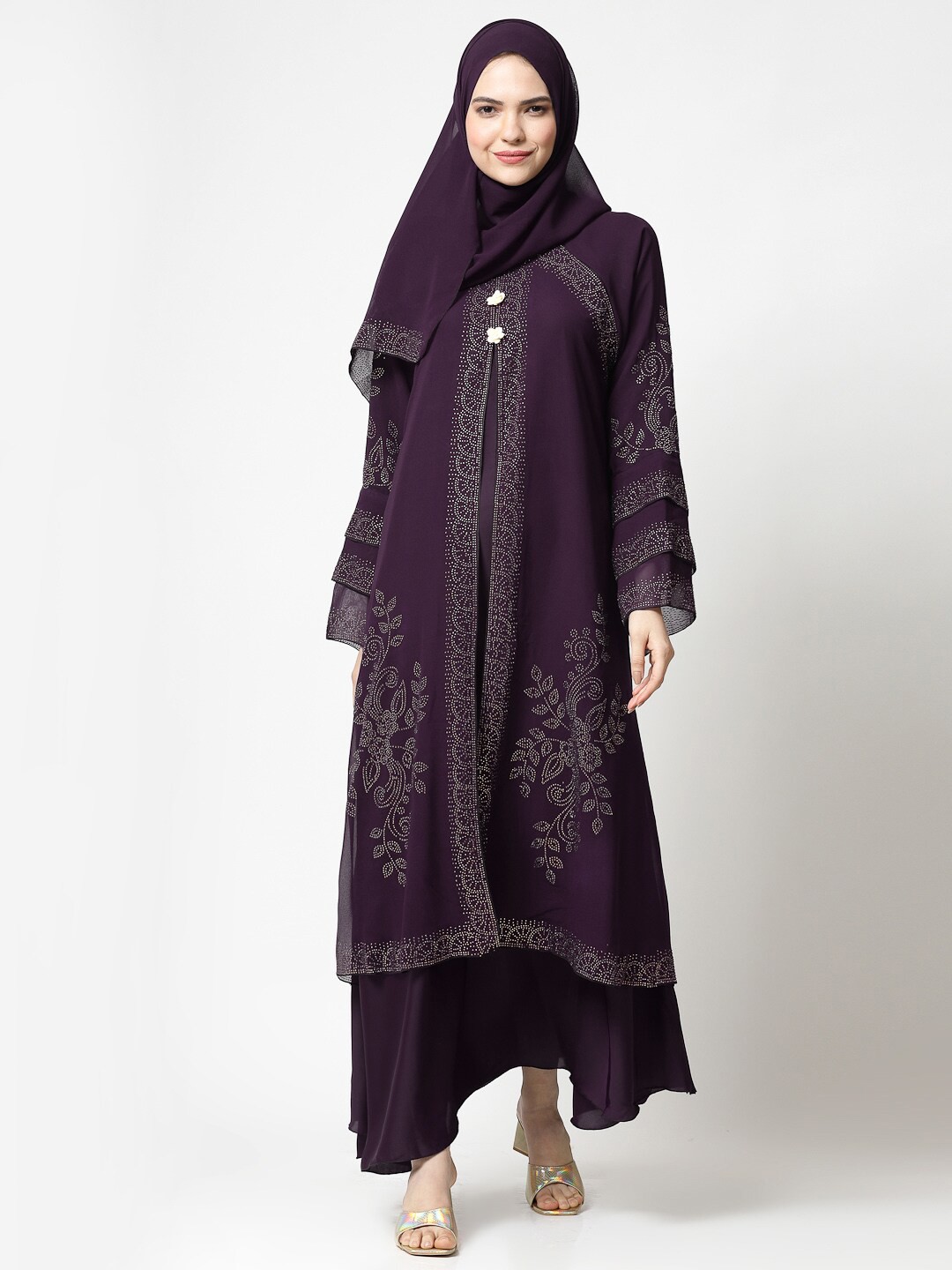 

KLOTTHE Round Neck Embellished Burqa With Scarves, Purple