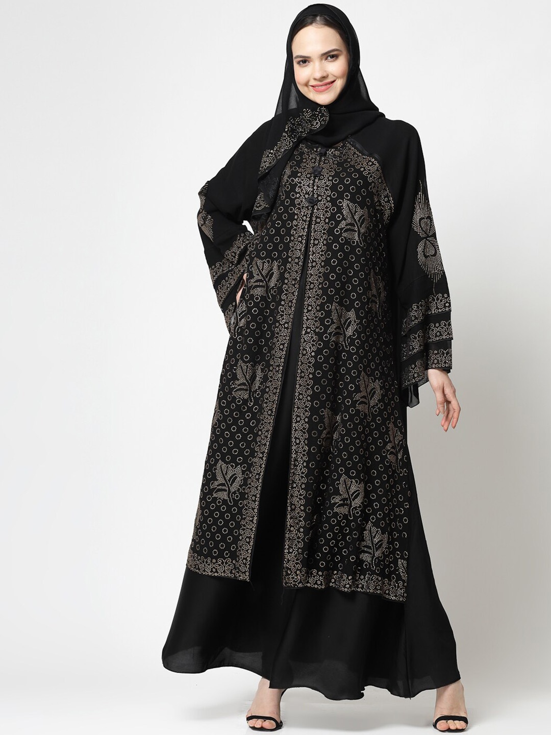 

KLOTTHE Embellished Flared Burqas With Scarves, Black