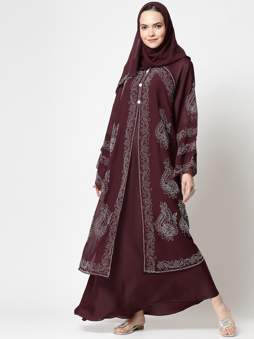 

KLOTTHE Ethnic Motifs Embellished Long Sleeves Burqa With Scarves, Maroon