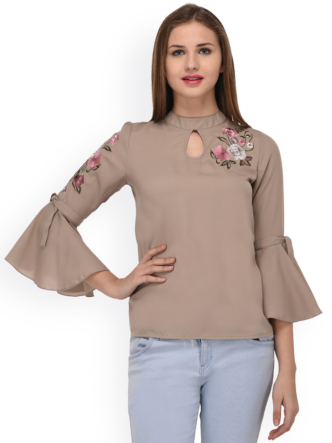 

PURYS Women Taupe Embellished Top