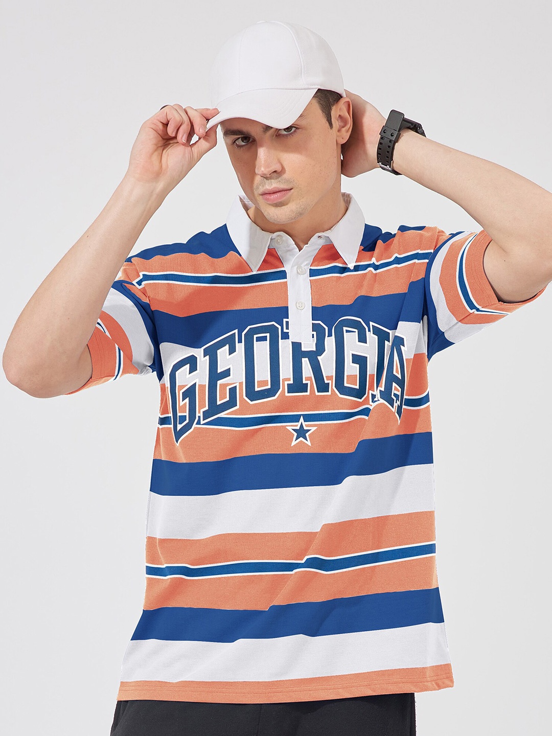 Maniac Typography Printed Polo Collar Cotton Oversized T-shirt, Orange