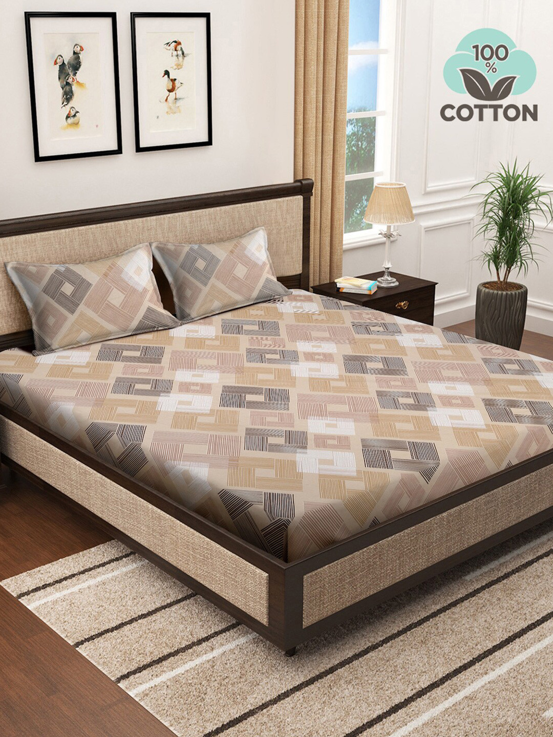 

KLOTTHE Brown & Beige Geometric Cotton 400 TC Super King Bedsheet With 2 Pillow Covers