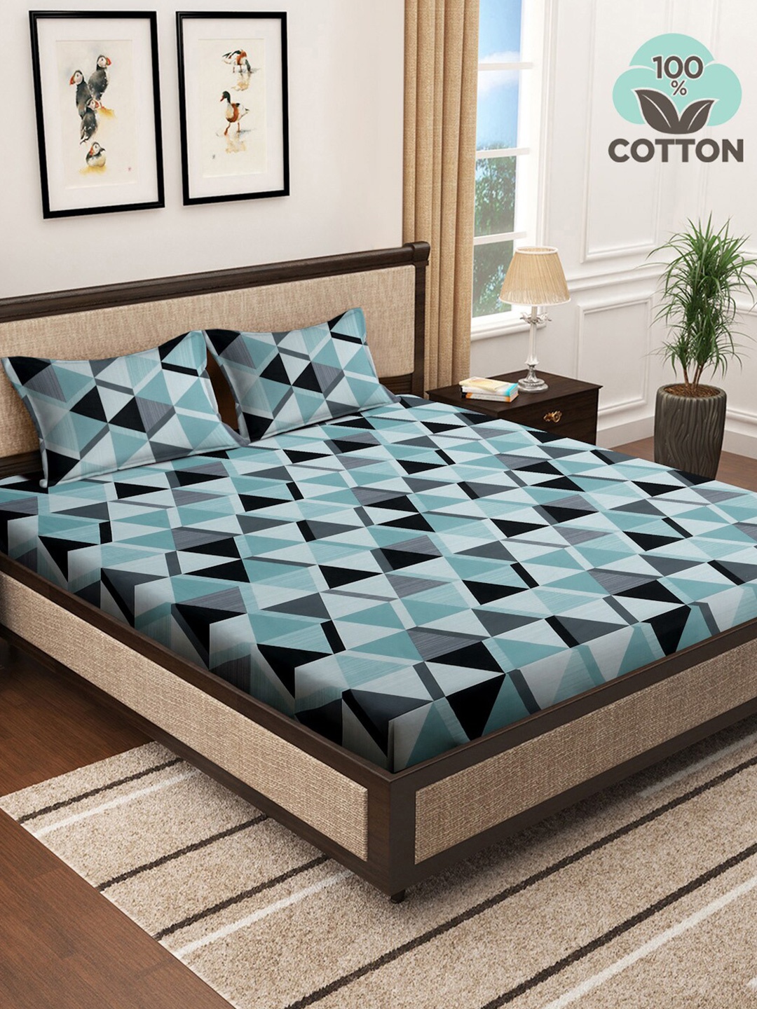 

KLOTTHE Blue & Grey Geometric Cotton 400TC Super King Bedsheet & 2 Pillow Covers