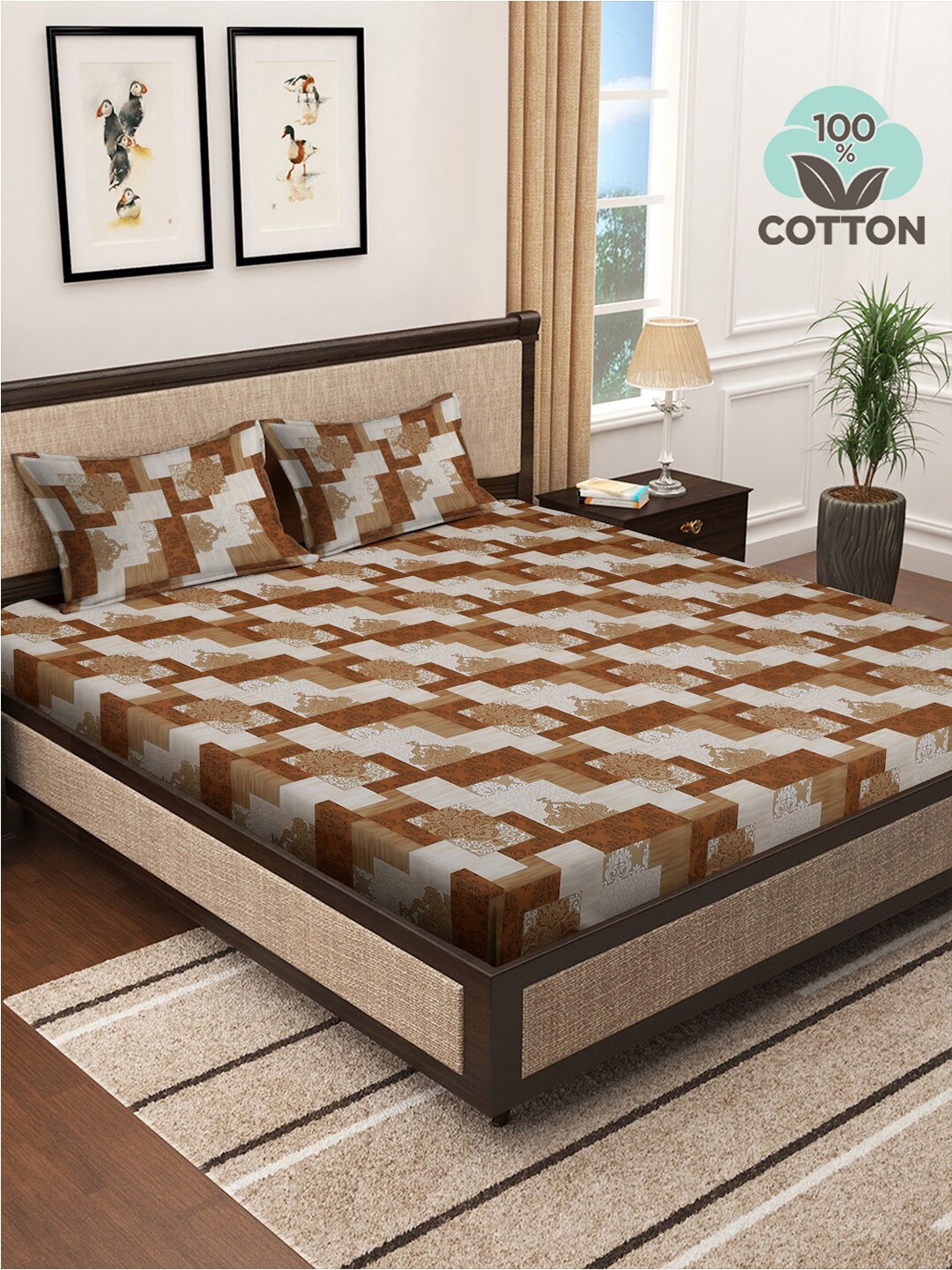 

KLOTTHE Brown Ethnic Motifs Cotton 400 TC Super King Double Bedsheet with 2 Pillow Covers