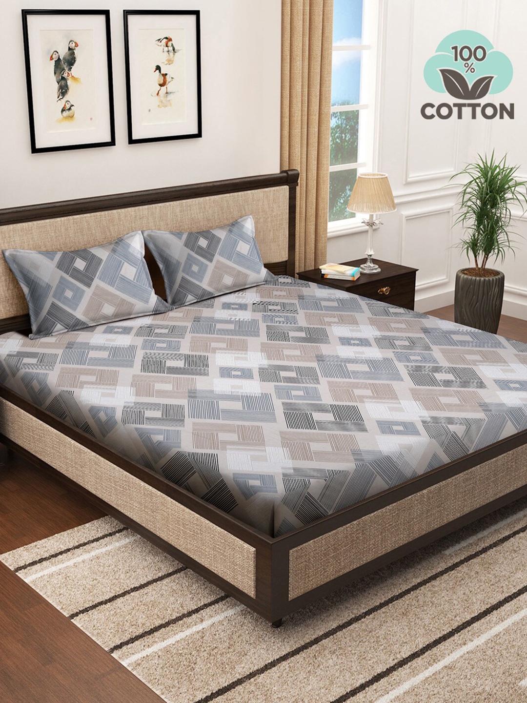 

KLOTTHE Grey & Beige Geometric Cotton 400 TC Super King Bedsheet With 2 Pillow Covers